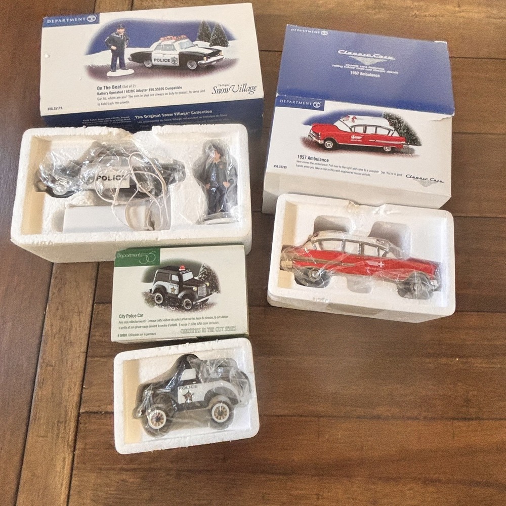Dept 56 Snow Village Emergency Vehicles Lot 3 Working Lights Boxes READ